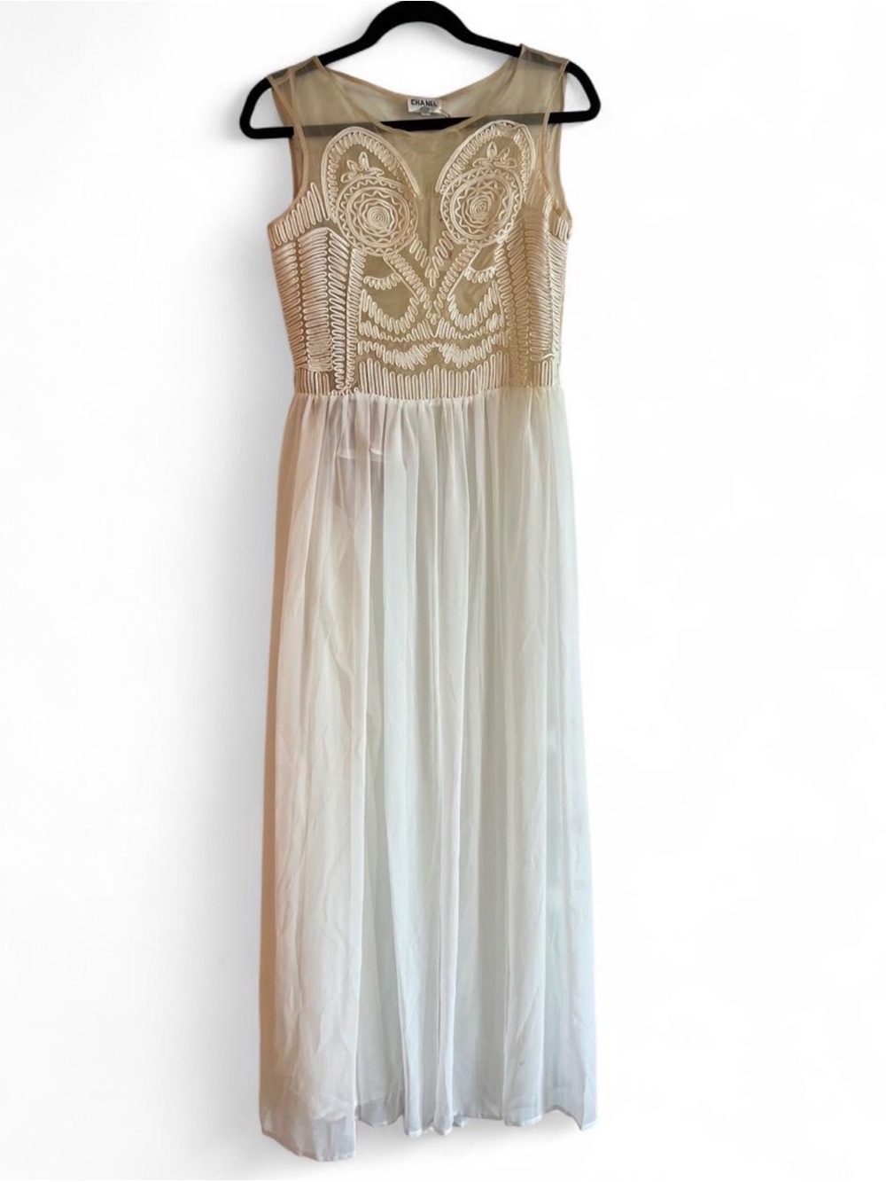 White Mesh Maxi Dress with Cream Soutache Ribbon Embroidery